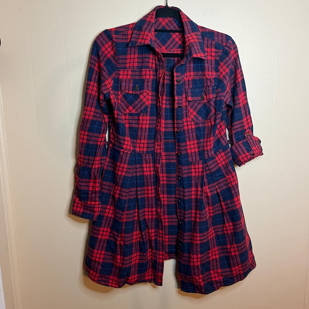 Sung Light by La Vida Red and Blue Buffalo Plaid Button Down Tunic Dress